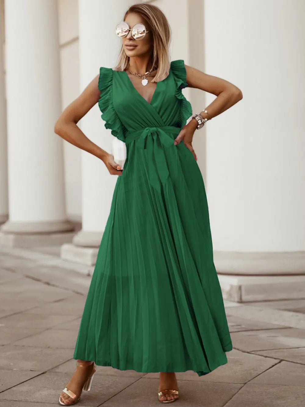 Tied Surplice Cap Sleeve Pleated Dress - Ladyez