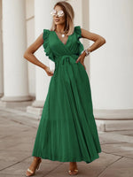 Tied Surplice Cap Sleeve Pleated Dress - Ladyez