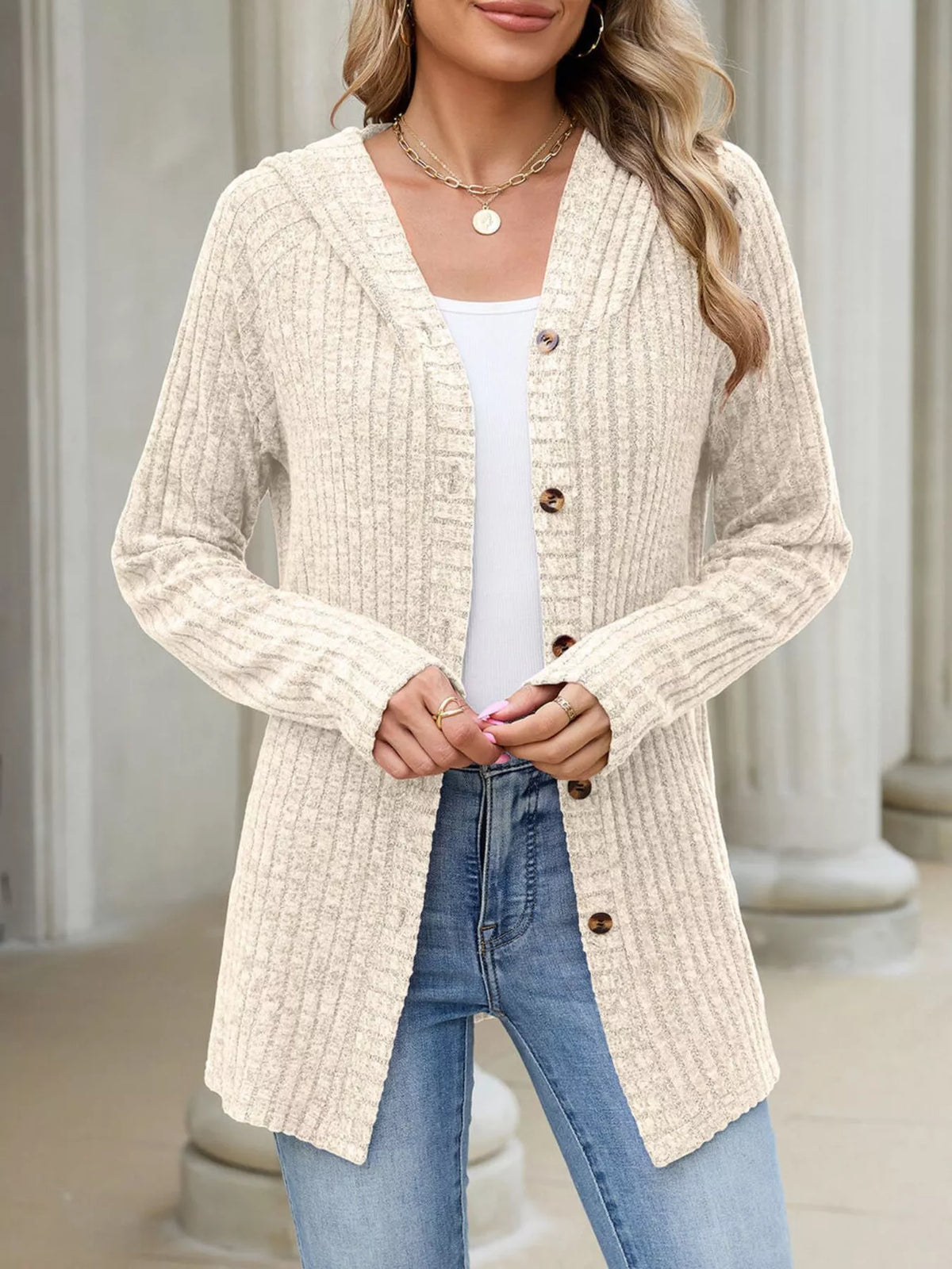Ribbed Knit Hooded Button-Down Cardigan
