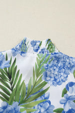 Palm Floral Print Striped Patchwork V Neck Short Sleeve Blouse