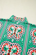 Boho Abstract Print Contrast Striped Collared V Neck Blouse