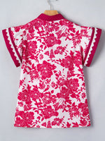 Floral Print Color Block Trim Lace Detail V Neck Flutter Sleeve Blouse