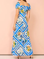 Printed Square Neck Puff Sleeve Maxi Dress - Ladyez