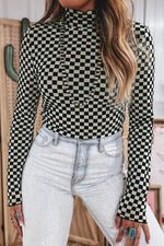 Plaid Stand Neck Long Sleeve Mesh Top