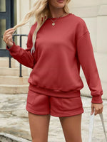 Round Neck Dropped Shoulder Top and Drawstring Shorts Set