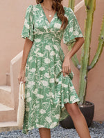 Printed V-Neck Flutter Sleeve Midi Dress