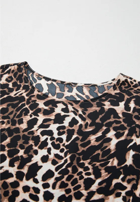 Contrast Trim Leopard Round Neck Top and Pants Lounge Set - Ladyez