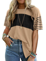 Color Block Striped Sleeve Casual T-Shirt - Ladyez