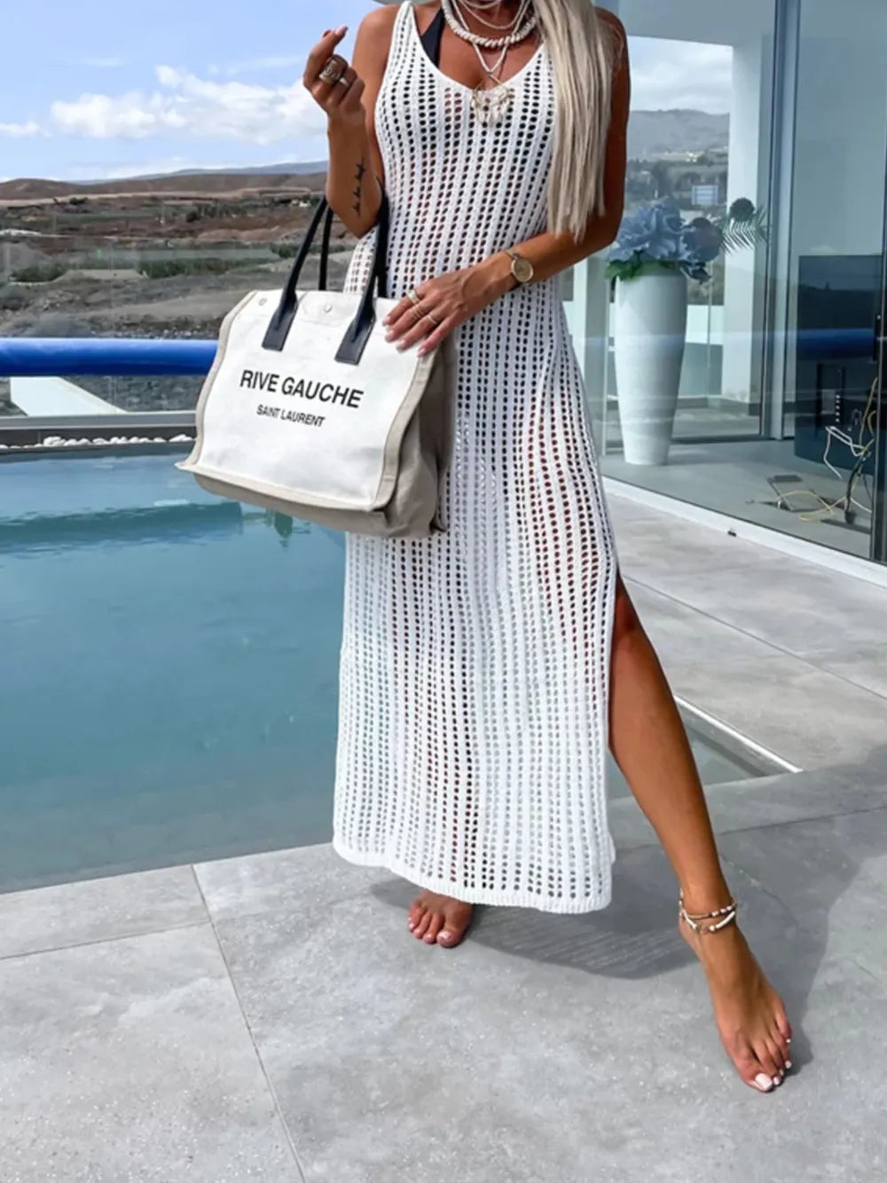 Openwork Slit Cutout Wide Strap Dress - Ladyez