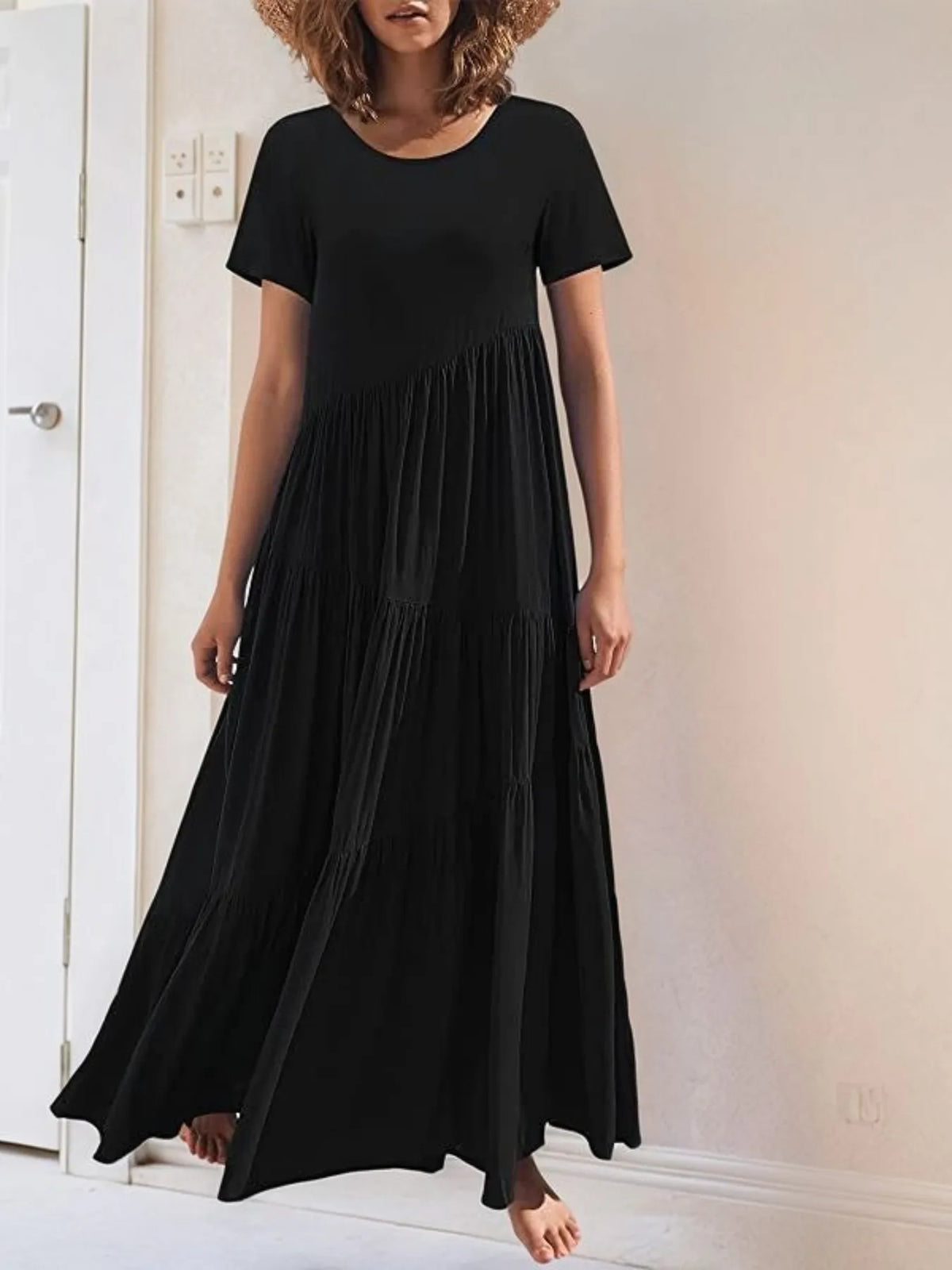 Round Neck Tiered Ruffle Maxi Dress - Ladyez