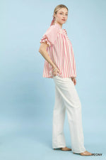 Umgee Striped Notched Top with Short Flutter Sleeves