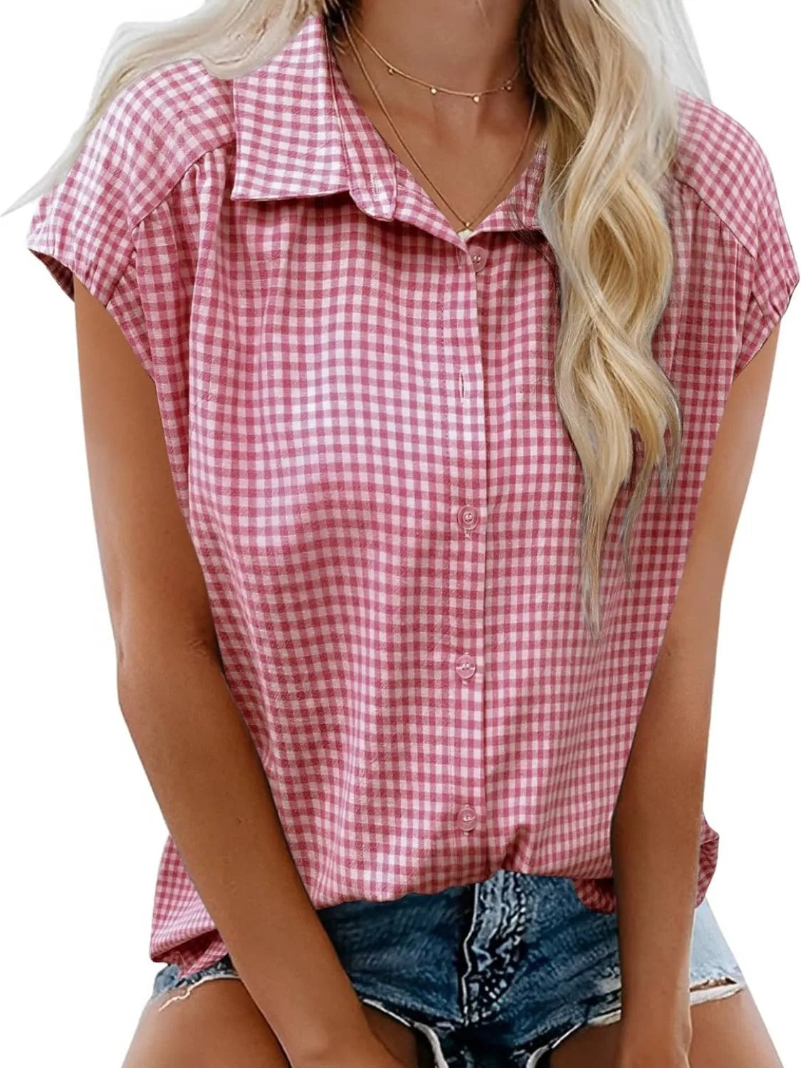 Plaid Button Up Cap Sleeve Shirt