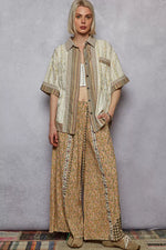POL Printed Button Down Patchwork Short Sleeve Shirt