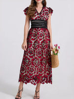 Printed V-Neck Ruffle Sleeve Midi Dress