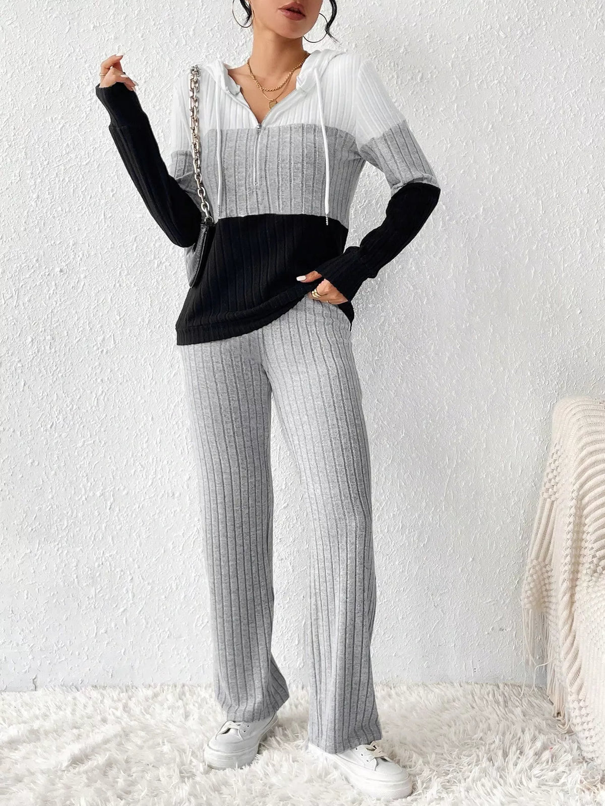 Color Block Half Zip Hooded Top and Pants Set