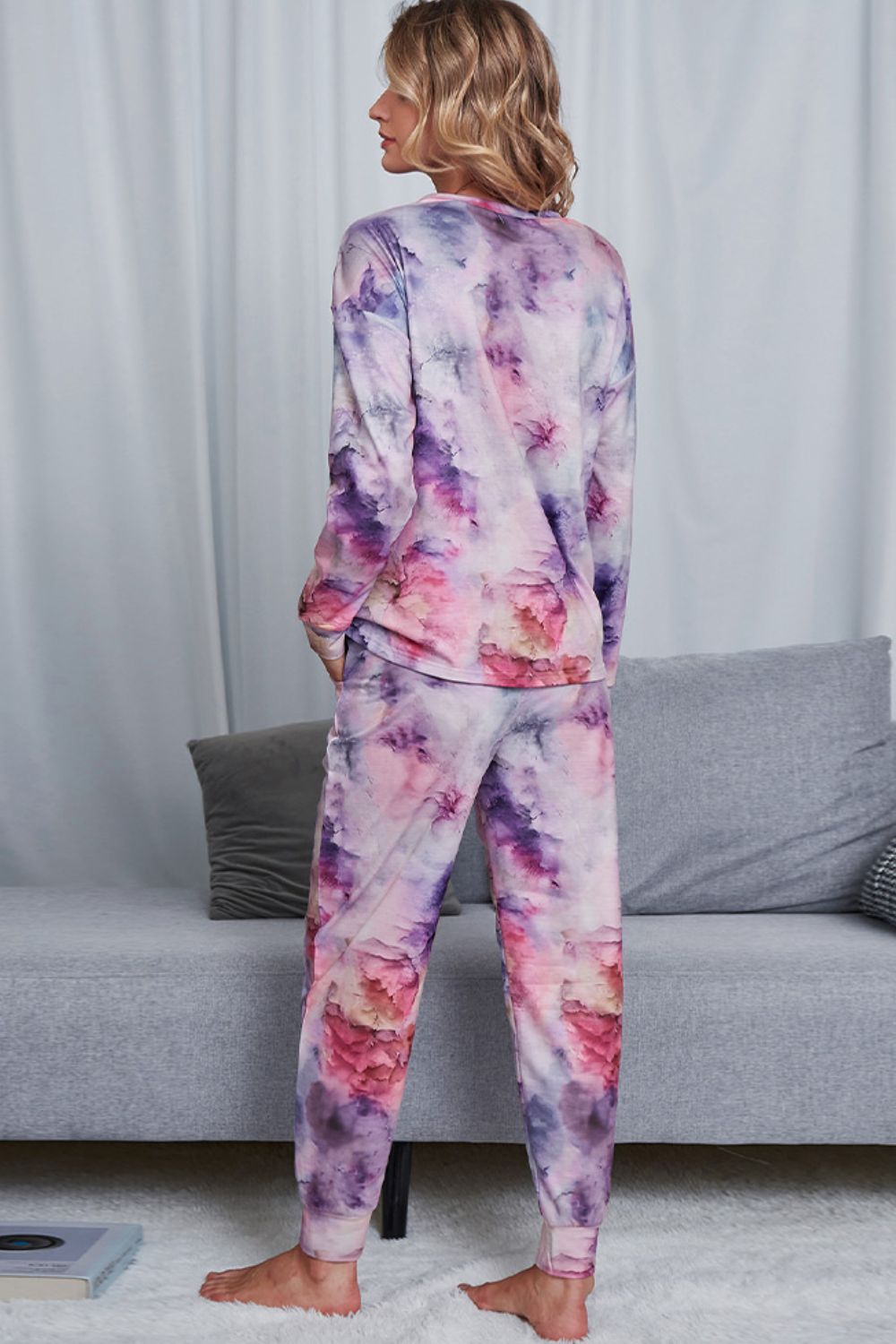 Shiny Tie-Dye Crewneck Top and Drawstring Waist Joggers Lounge Set - Ladyez