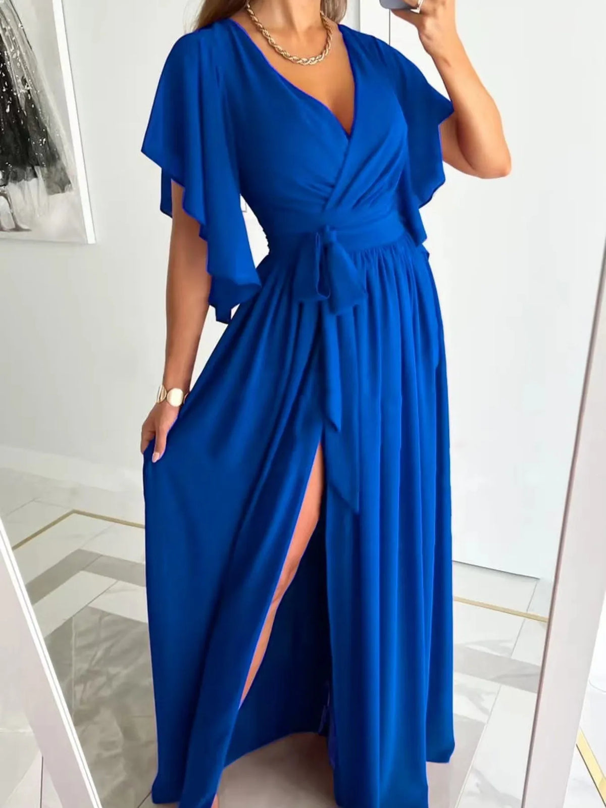 Flutter Sleeve Surplice Tie Waist Dress - Ladyez