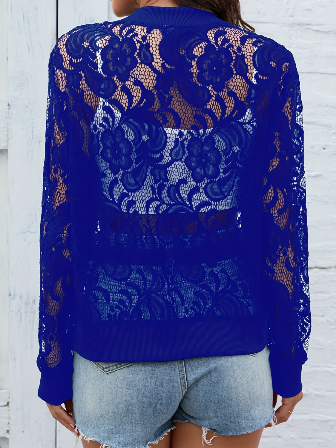 Sheer Lace Zip Up Long Sleeve Jacket - Ladyez