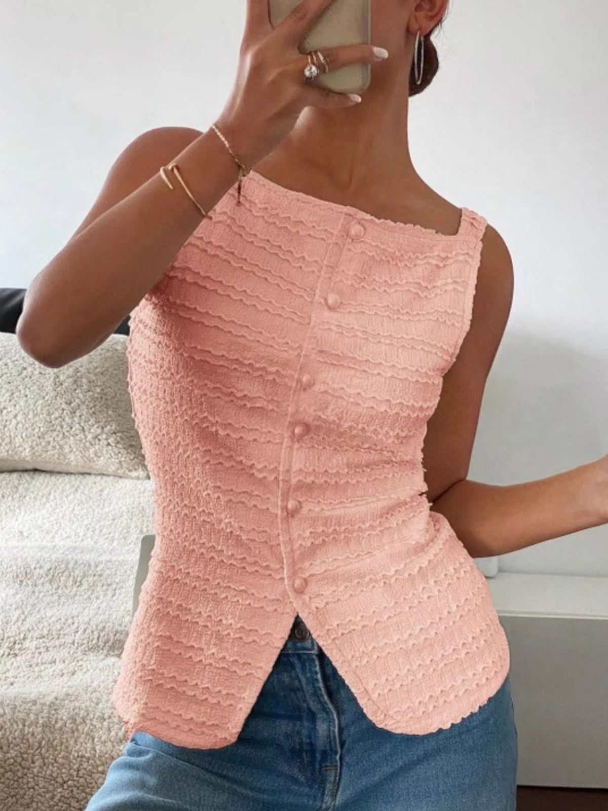 Textured Button-Front Tank
