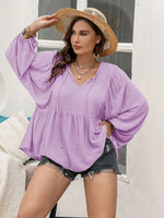 Plus Size Swiss Dot Tie Neck Long Sleeve Blouse