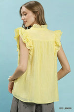 Umgee Textured Ruffle Sleeve Split V Neck Top