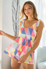 BiBi Multi Color Block Brushed Tied Ribbon Shoulder Top