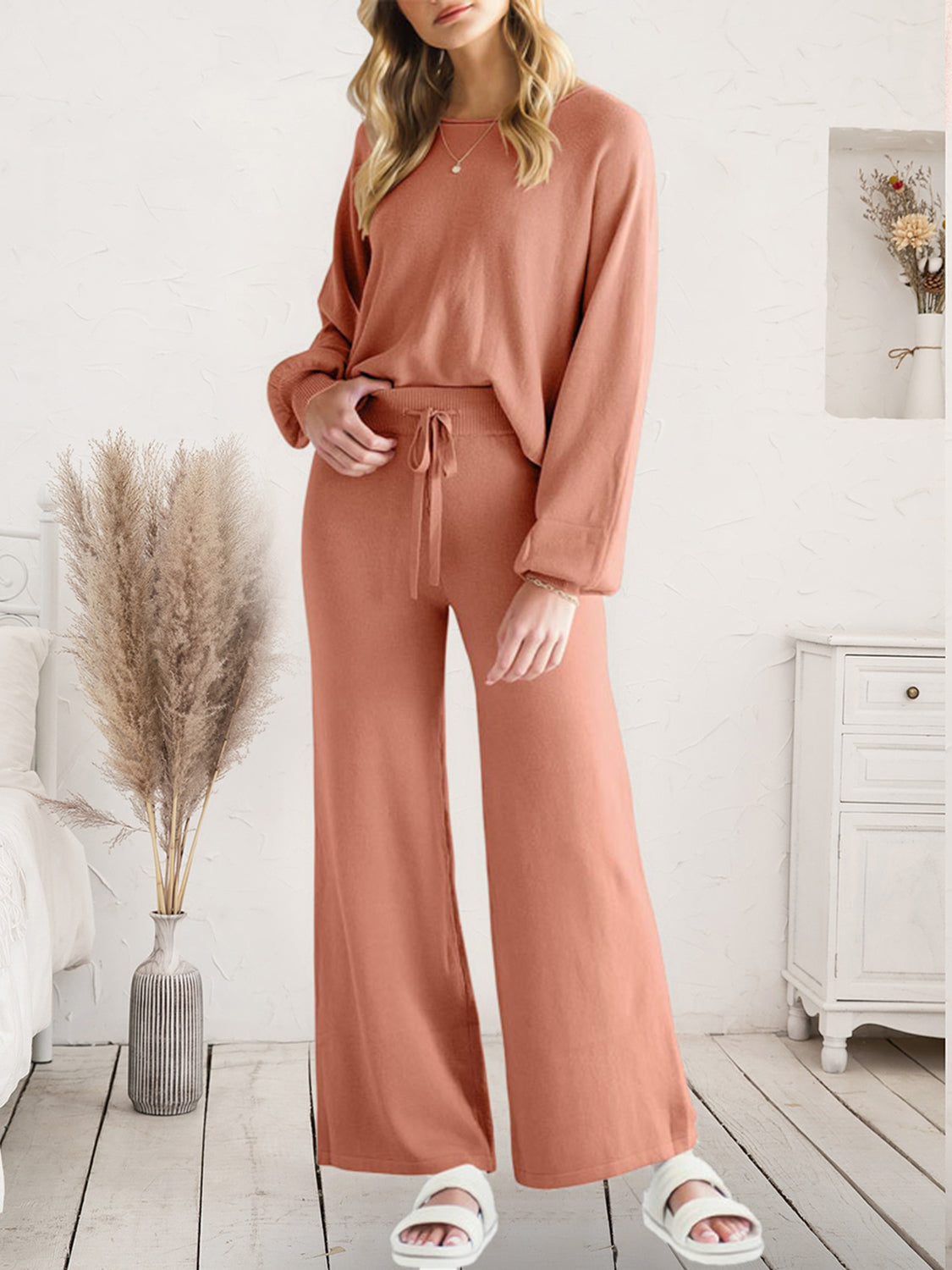 Long Sleeve Lounge Top and Drawstring Pants Set - Ladyez