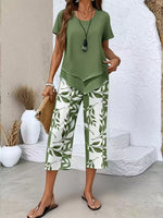 Layered Top and Leaf Print Cropped Pants Set