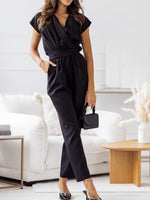 Surplice Cap Sleeve Tie Waist Jumpsuit - Ladyez