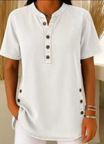 Full Size Button Detail Short Sleeve Blouse Plus Size