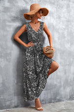 Printed V-Neck Tie Waist Maxi Dress - Ladyez