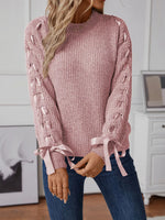 Ribbon-Tie Sleeve Round Neck Sweater