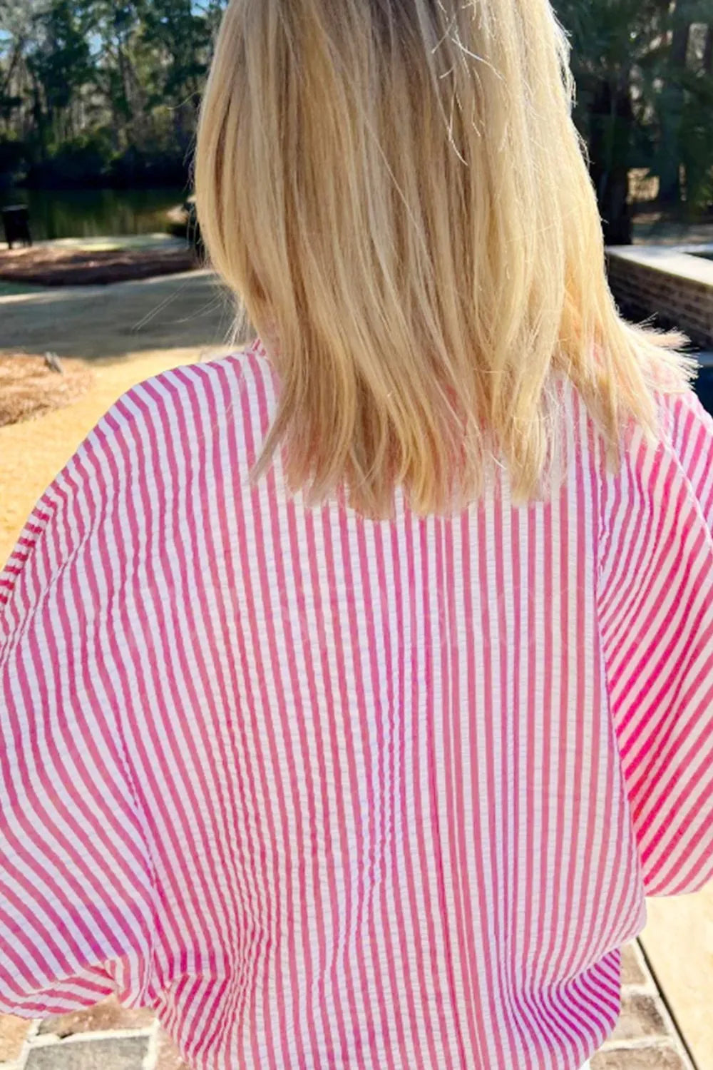 Striped Print Contrast Split Neck Dolman Sleeve Blouse - Ladyez