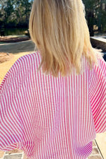 Striped Print Contrast Split Neck Dolman Sleeve Blouse - Ladyez
