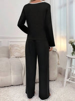 Contrast Trim Notched Long Sleeve Top and Pants Lounge Set - Ladyez