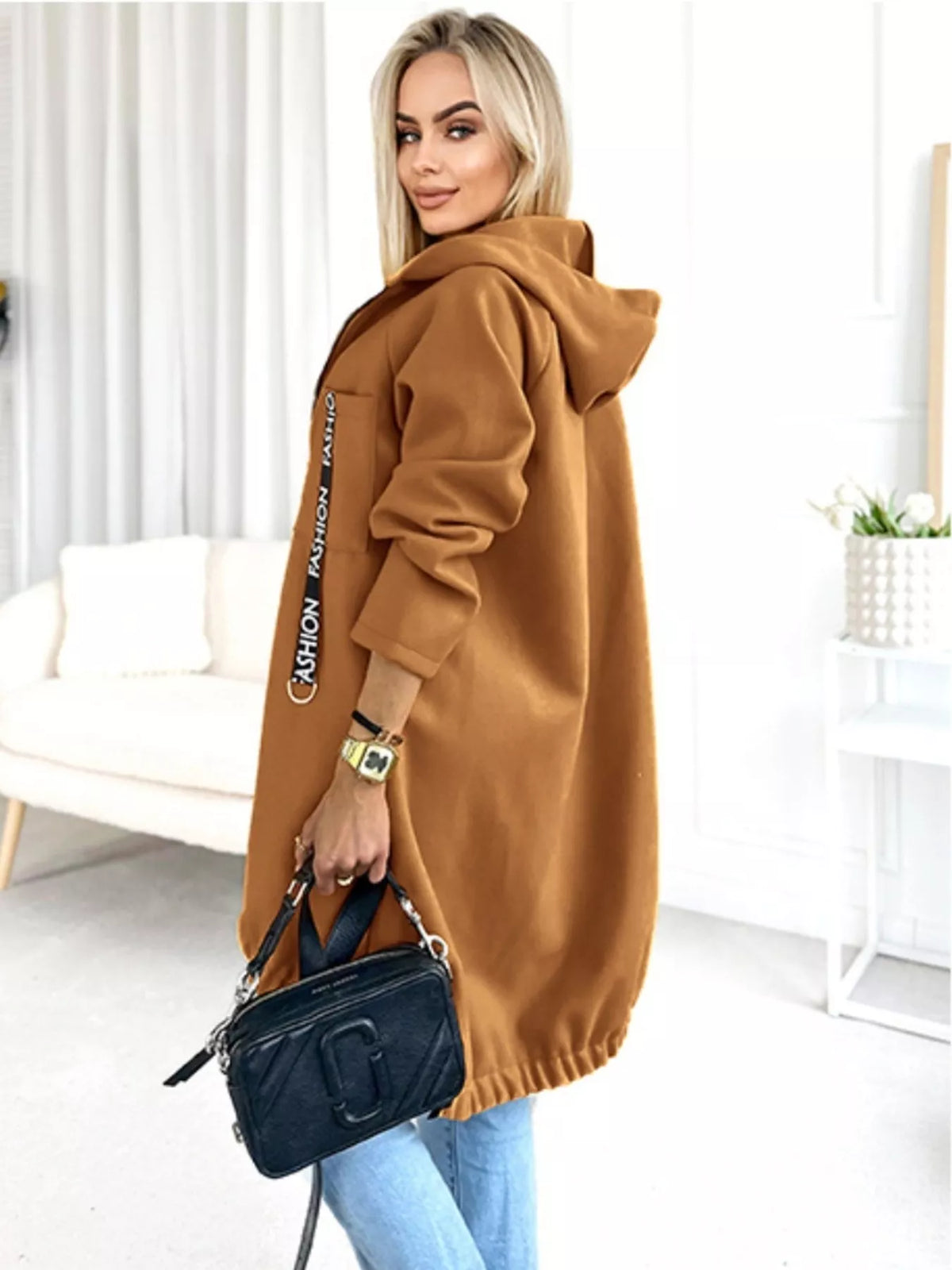 Full Size Zip Up Longline Hooded Outerwear Plus Size