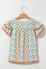 Floral Print V-neck Flutter Sleeve Blouse