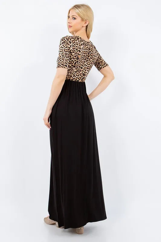 Celeste Full Size Leopard Round Neck Maxi Dress with Pockets Plus Size - Ladyez