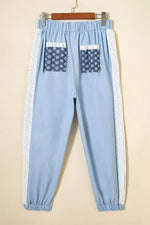 Lace Accent Floral Patched Pocket Pleated Wide Leg Slouchy Pants