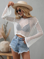 Openwork Flare Sleeve Cropped Cover Up - Ladyez