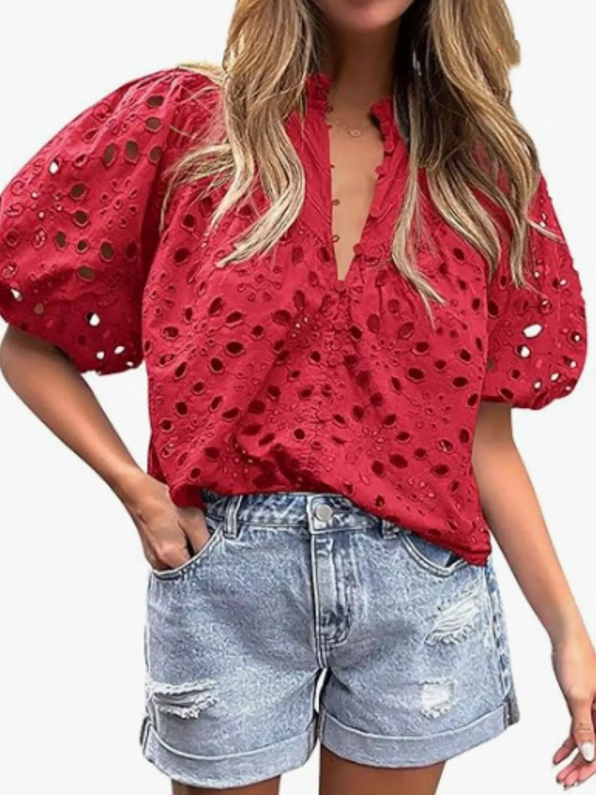 Eyelet Embroidered Puff Sleeve Blouse