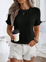 Textured Ruffle Sleeve Round Neck T-Shirt