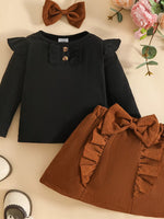 Children's Ribbed Knit Top and Bowknot Skirt Set with Headband