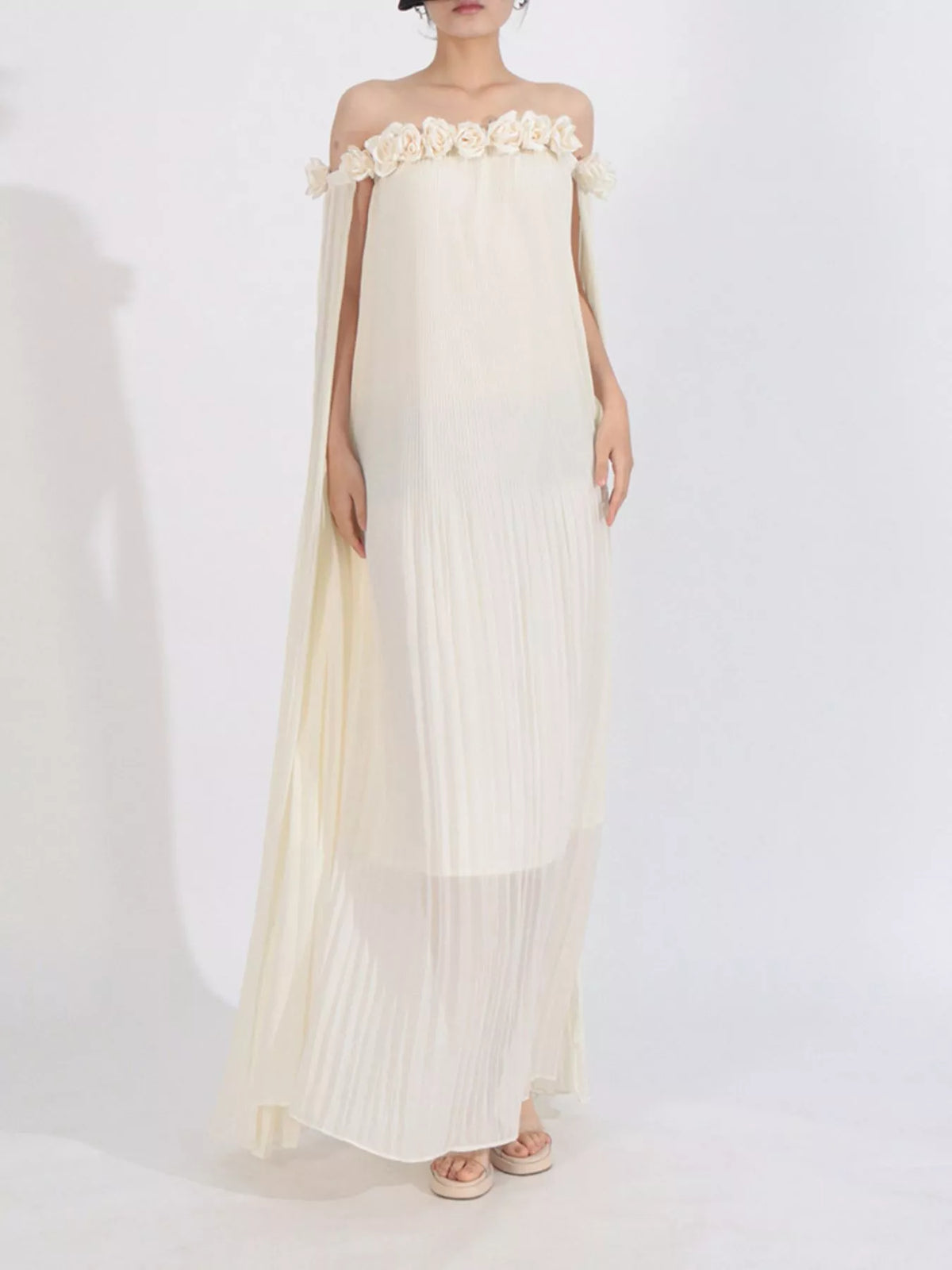 Off-Shoulder Floral Pleated Maxi Dress