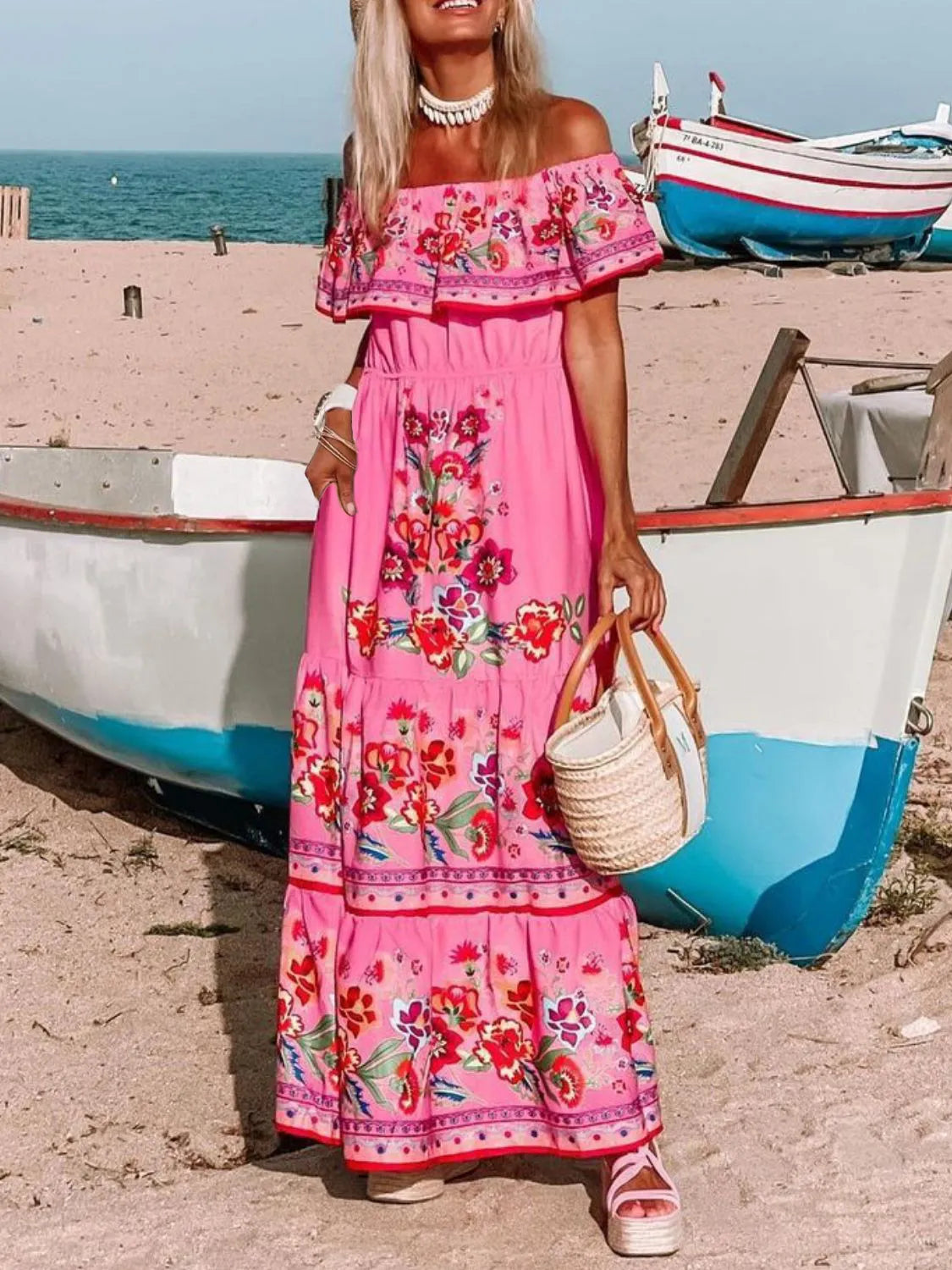 Floral Off Shoulder Ruffle Maxi Dress - Ladyez