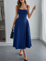 Square Neck Wide Strap Midi Dress - Ladyez