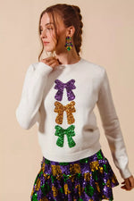 SO ME Mardi Gras Sequins Bow Ribbon Embellished Sweater