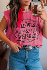 Washed Wild West Whiskey Print Sleeveless Muscle Top