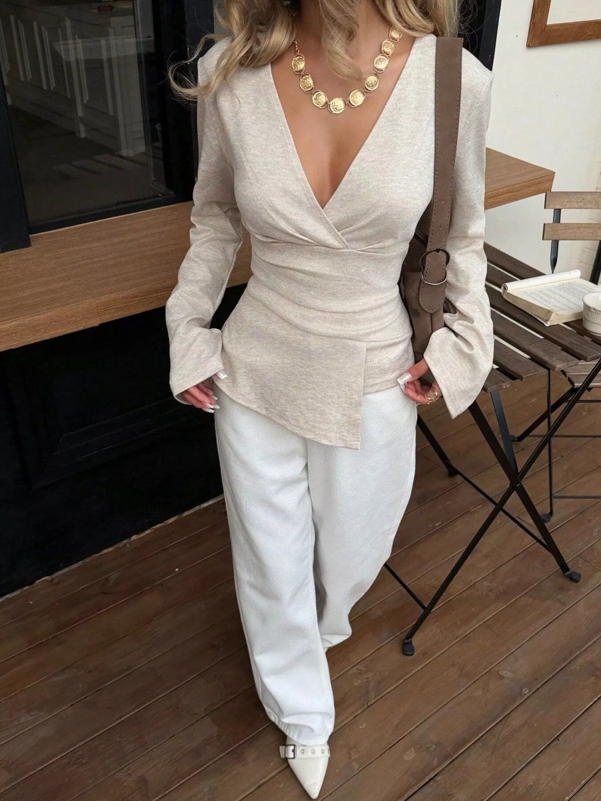 Wrap-Front Long Sleeve T-Shirt