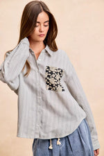 BiBi Flower Jacquard Knit Patch Pocket Stripe Shirt